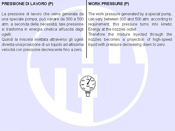 PRESSIONE DI LAVORO (P) WORK PRESSURE (P) La pressione di lavoro che viene generata