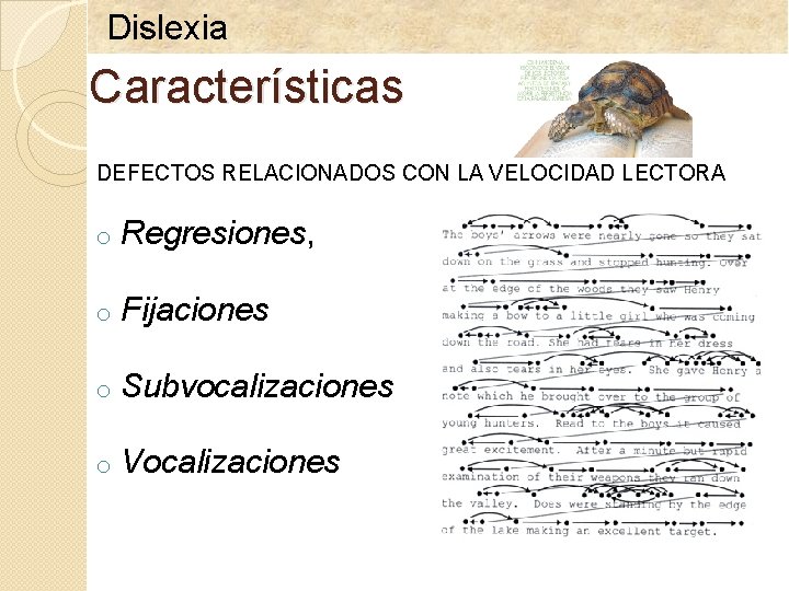 Dislexia Características DEFECTOS RELACIONADOS CON LA VELOCIDAD LECTORA o Regresiones, o Fijaciones o Subvocalizaciones