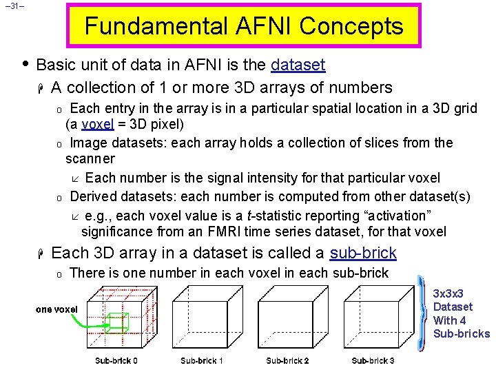 – 31– Fundamental AFNI Concepts • Basic unit of data in AFNI is the