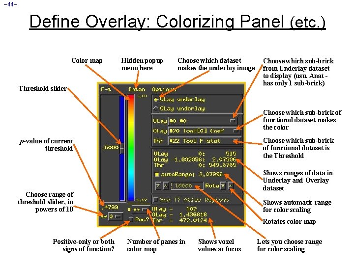 – 44– Define Overlay: Colorizing Panel (etc. ) Color map Hidden popup menu here