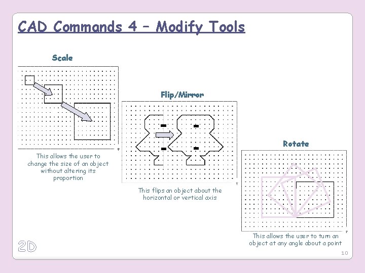 CAD Commands 4 – Modify Tools Scale Flip/Mirror Rotate This allows the user to