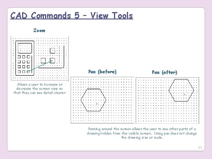 CAD Commands 5 – View Tools Zoom Pan (before) Pan (after) Allows a user