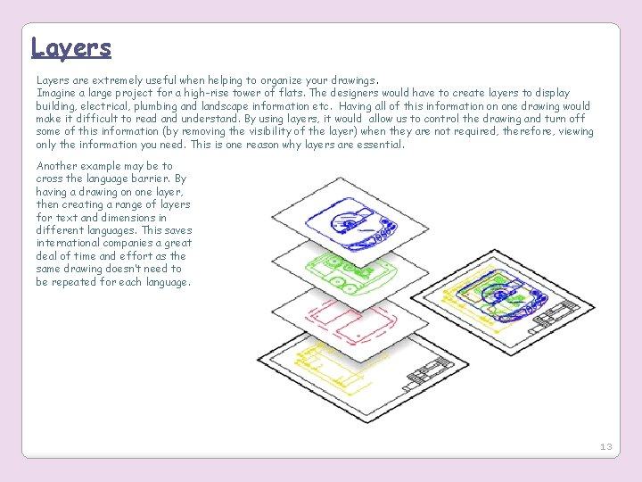 Layers are extremely useful when helping to organize your drawings. Imagine a large project