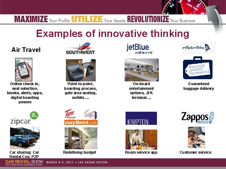 Examples of innovative thinking Air Travel Online check-in, seat selection, kiosks, alerts, apps, digital