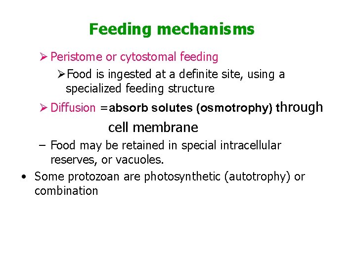 Feeding mechanisms Ø Peristome or cytostomal feeding ØFood is ingested at a definite site,