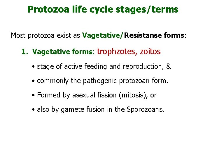 Protozoa life cycle stages/terms Most protozoa exist as Vagetative/Resístanse forms: 1. Vagetative forms: trophzotes,
