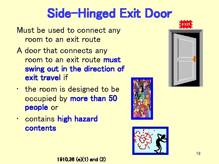Side-Hinged Exit Door Must be used to connect any room to an exit route