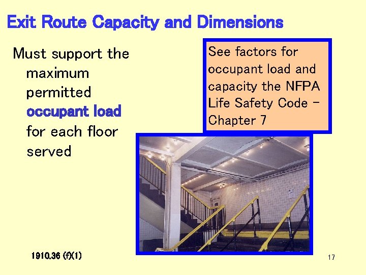 Exit Route Capacity and Dimensions Must support the maximum permitted occupant load for each