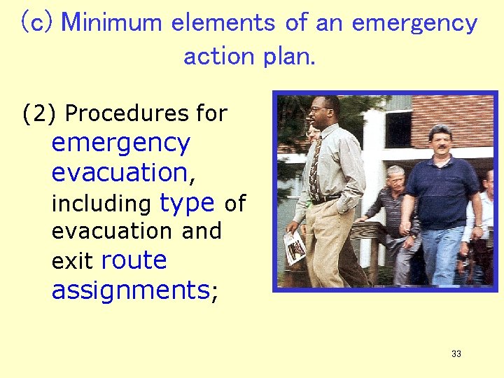 (c) Minimum elements of an emergency action plan. (2) Procedures for emergency evacuation, including