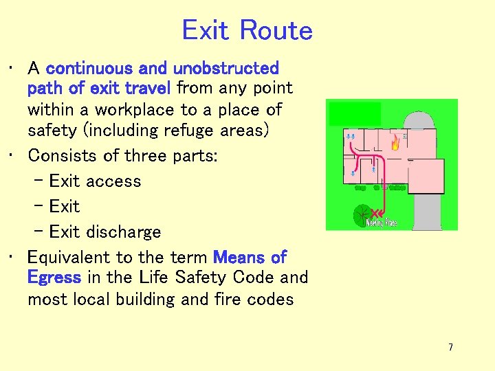 Exit Route • A continuous and unobstructed path of exit travel from any point