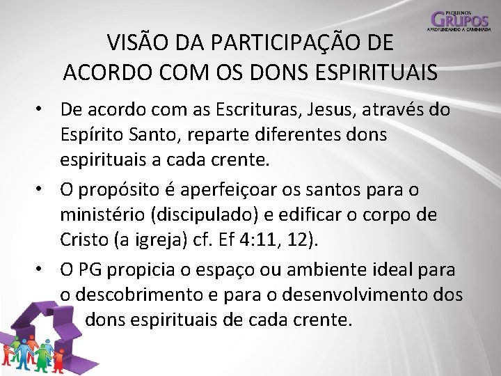 VISÃO DA PARTICIPAÇÃO DE ACORDO COM OS DONS ESPIRITUAIS • De acordo com as