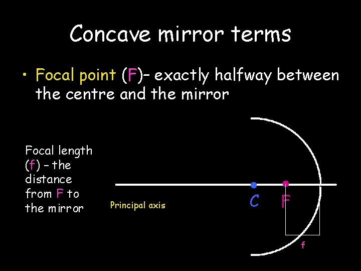 Concave mirror terms • Focal point (F)– exactly halfway between the centre and the