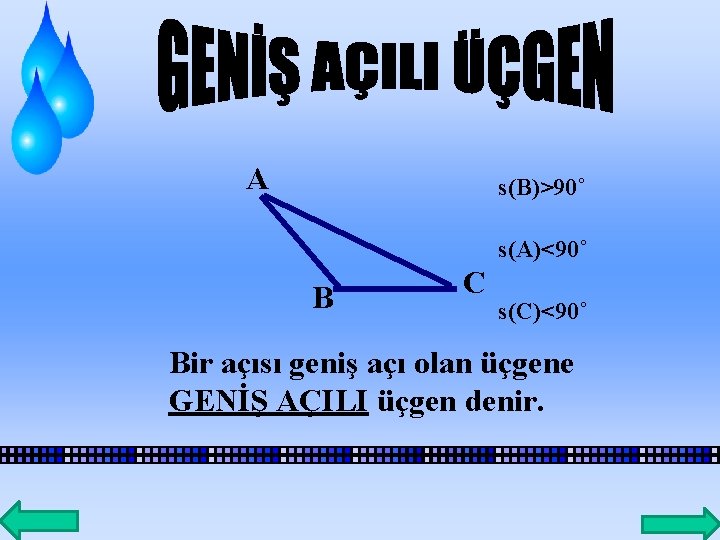 A s(B)>90˚ s(A)<90˚ B C s(C)<90˚ Bir açısı geniş açı olan üçgene GENİŞ AÇILI