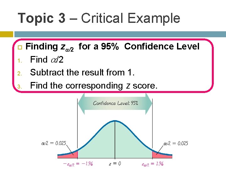 Topic 3 – Critical Example 1. 2. 3. Finding zα/2 for a 95% Confidence