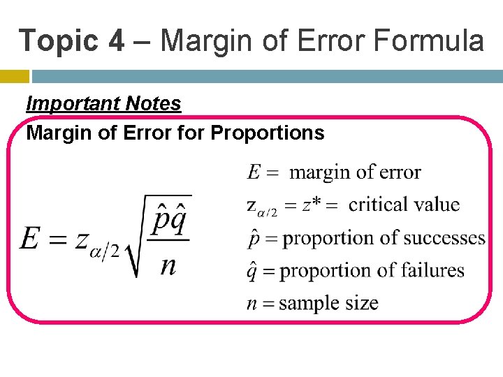 Topic 4 – Margin of Error Formula Important Notes Margin of Error for Proportions