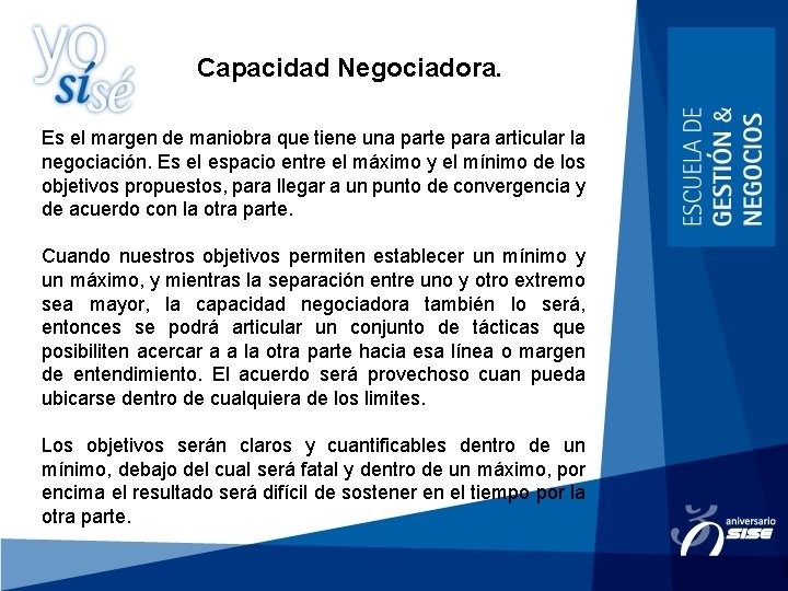 Capacidad Negociadora. Es el margen de maniobra que tiene una parte para articular la