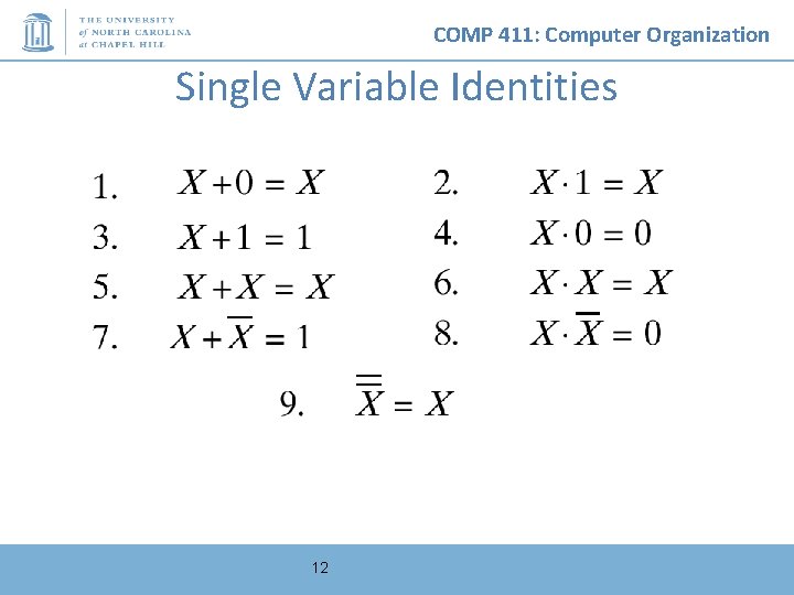 COMP 411: Computer Organization Single Variable Identities 12 