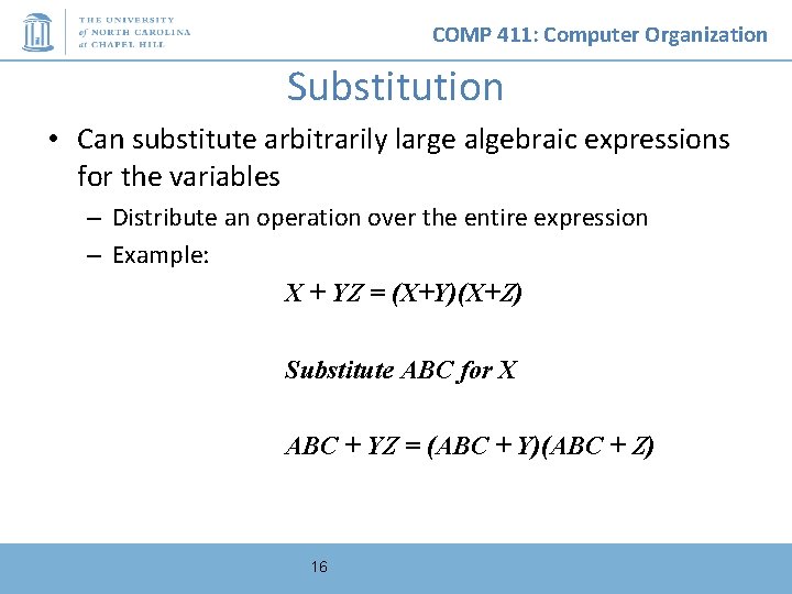 COMP 411: Computer Organization Substitution • Can substitute arbitrarily large algebraic expressions for the