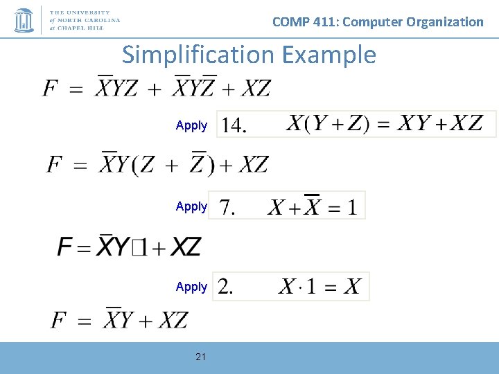 COMP 411: Computer Organization Simplification Example Apply 21 