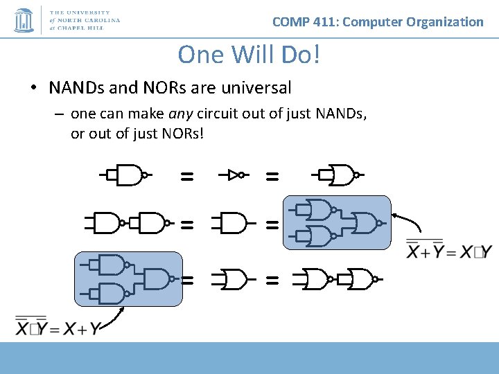 COMP 411: Computer Organization One Will Do! • NANDs and NORs are universal –