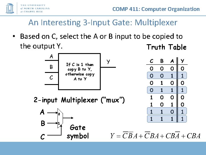 COMP 411: Computer Organization An Interesting 3 -Input Gate: Multiplexer • Based on C,