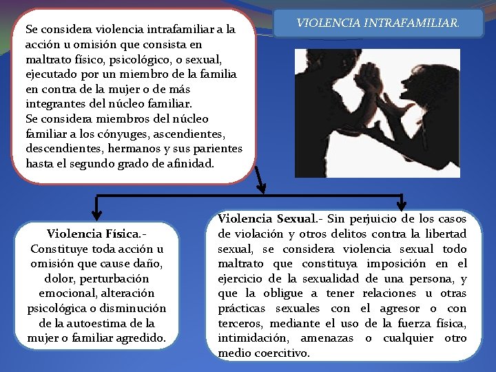 Se considera violencia intrafamiliar a la acción u omisión que consista en maltrato físico,