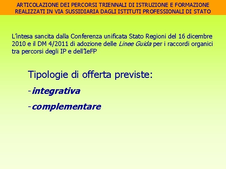 ARTICOLAZIONE DEI PERCORSI TRIENNALI DI ISTRUZIONE E FORMAZIONE REALIZZATI IN VIA SUSSIDIARIA DAGLI ISTITUTI