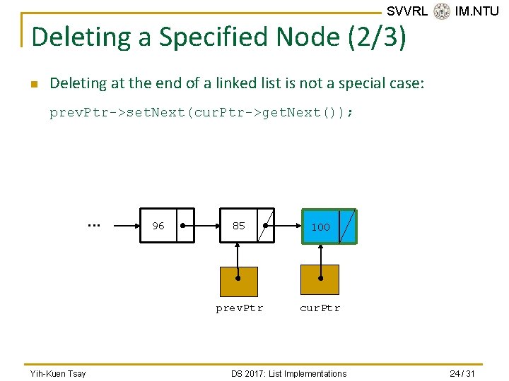 SVVRL @ IM. NTU Deleting a Specified Node (2/3) n Deleting at the end