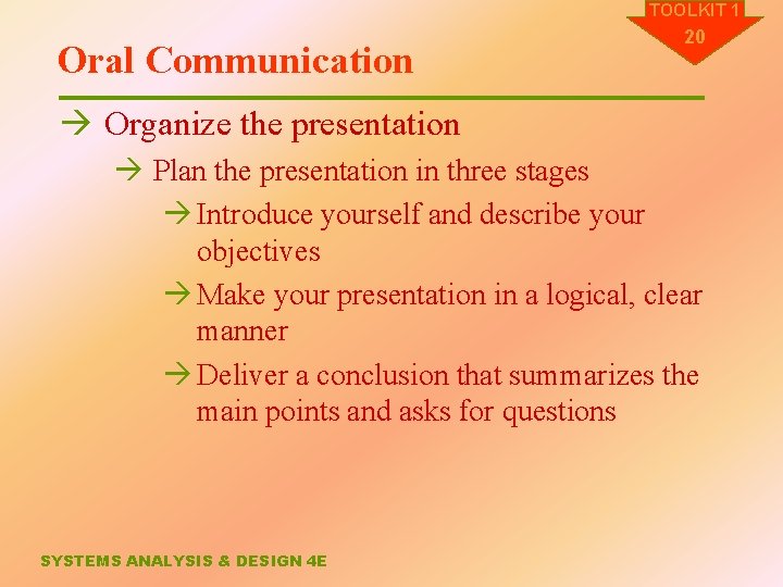 TOOLKIT 1 Oral Communication 20 à Organize the presentation à Plan the presentation in