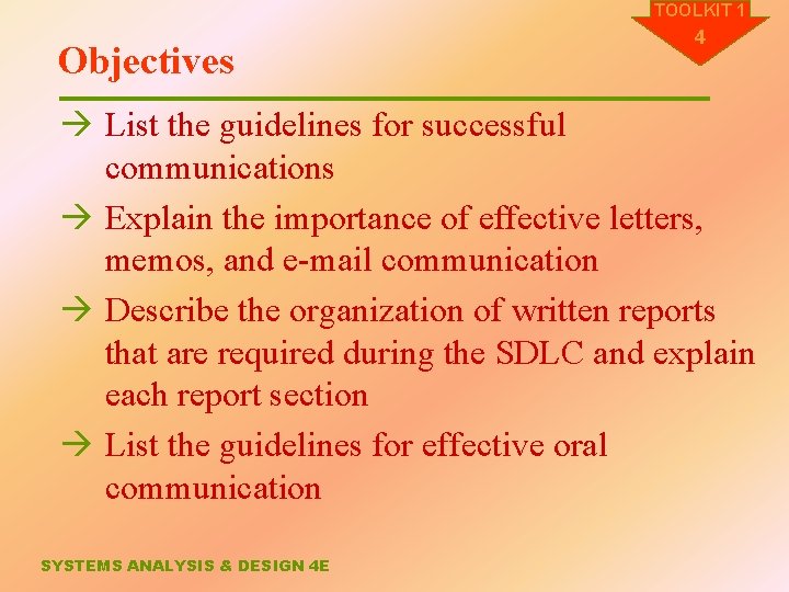 TOOLKIT 1 Objectives 4 à List the guidelines for successful communications à Explain the