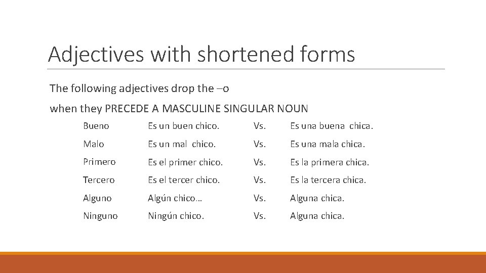 Adjectives with shortened forms The following adjectives drop the –o when they PRECEDE A