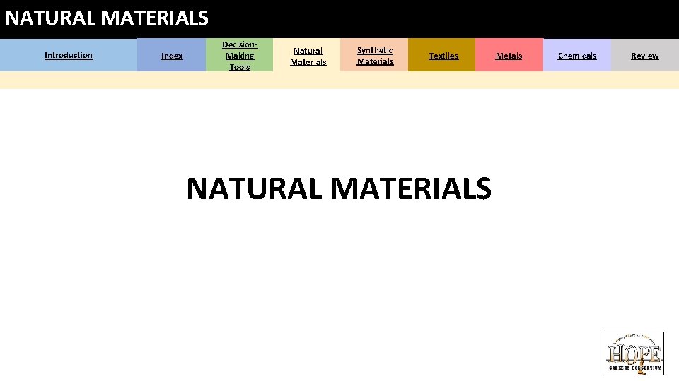 NATURAL MATERIALS Introduction Index Decision. Making Tools Natural Materials Synthetic Materials Textiles NATURAL MATERIALS NATURAL MATERIALS Introduction Index Decision. Making Tools Natural Materials Synthetic Materials Textiles NATURAL MATERIALS