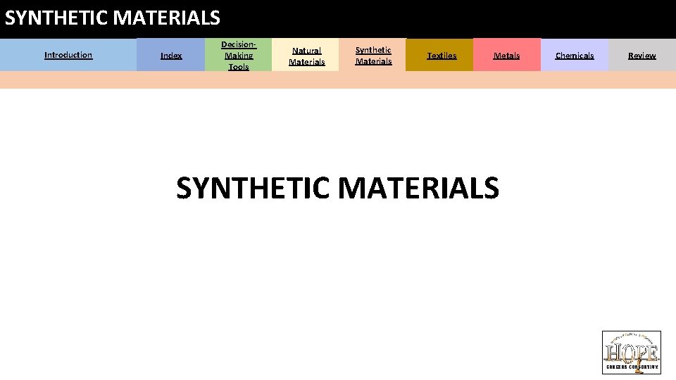SYNTHETIC MATERIALS Introduction Index Decision. Making Tools Natural Materials Synthetic Materials Textiles Metals SYNTHETIC SYNTHETIC MATERIALS Introduction Index Decision. Making Tools Natural Materials Synthetic Materials Textiles Metals SYNTHETIC