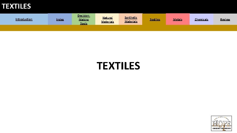 TEXTILES Introduction Index Decision. Making Tools Natural Materials Synthetic Materials TEXTILES Textiles Metals Chemicals TEXTILES Introduction Index Decision. Making Tools Natural Materials Synthetic Materials TEXTILES Textiles Metals Chemicals