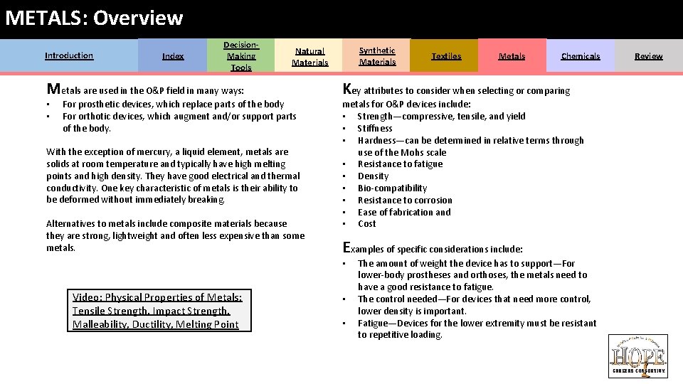 METALS: Overview Introduction Index Decision. Making Tools Metals are used in the O&P field METALS: Overview Introduction Index Decision. Making Tools Metals are used in the O&P field
