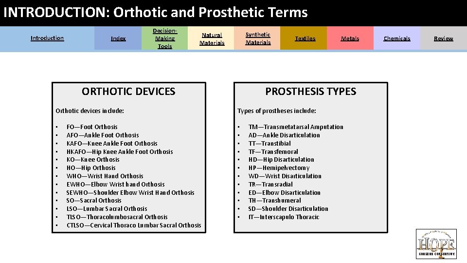 INTRODUCTION: Orthotic and Prosthetic Terms Introduction Index Decision. Making Tools Synthetic Materials Natural Materials INTRODUCTION: Orthotic and Prosthetic Terms Introduction Index Decision. Making Tools Synthetic Materials Natural Materials
