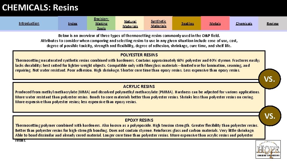 CHEMICALS: Resins Introduction Index Decision. Making Tools Natural Materials Synthetic Materials Textiles Metals Chemicals CHEMICALS: Resins Introduction Index Decision. Making Tools Natural Materials Synthetic Materials Textiles Metals Chemicals