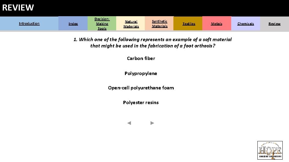 REVIEW Introduction Index Decision. Making Tools Natural Materials Synthetic Materials Textiles Metals 1. Which REVIEW Introduction Index Decision. Making Tools Natural Materials Synthetic Materials Textiles Metals 1. Which