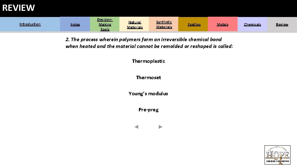 REVIEW Introduction Index Decision. Making Tools Natural Materials Synthetic Materials Textiles Metals 2. The REVIEW Introduction Index Decision. Making Tools Natural Materials Synthetic Materials Textiles Metals 2. The