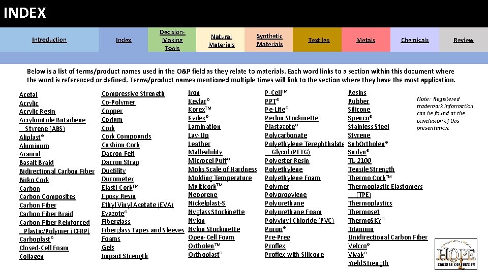 INDEX Introduction Index Decision. Making Tools Natural Materials Synthetic Materials Textiles Metals Chemicals Review INDEX Introduction Index Decision. Making Tools Natural Materials Synthetic Materials Textiles Metals Chemicals Review