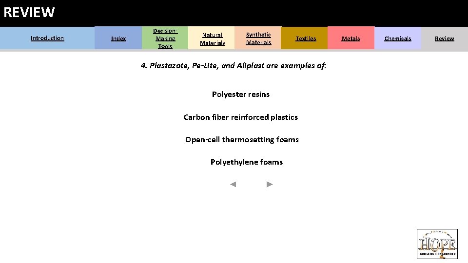 REVIEW Introduction Index Decision. Making Tools Natural Materials Synthetic Materials Textiles 4. Plastazote, Pe-Lite, REVIEW Introduction Index Decision. Making Tools Natural Materials Synthetic Materials Textiles 4. Plastazote, Pe-Lite,