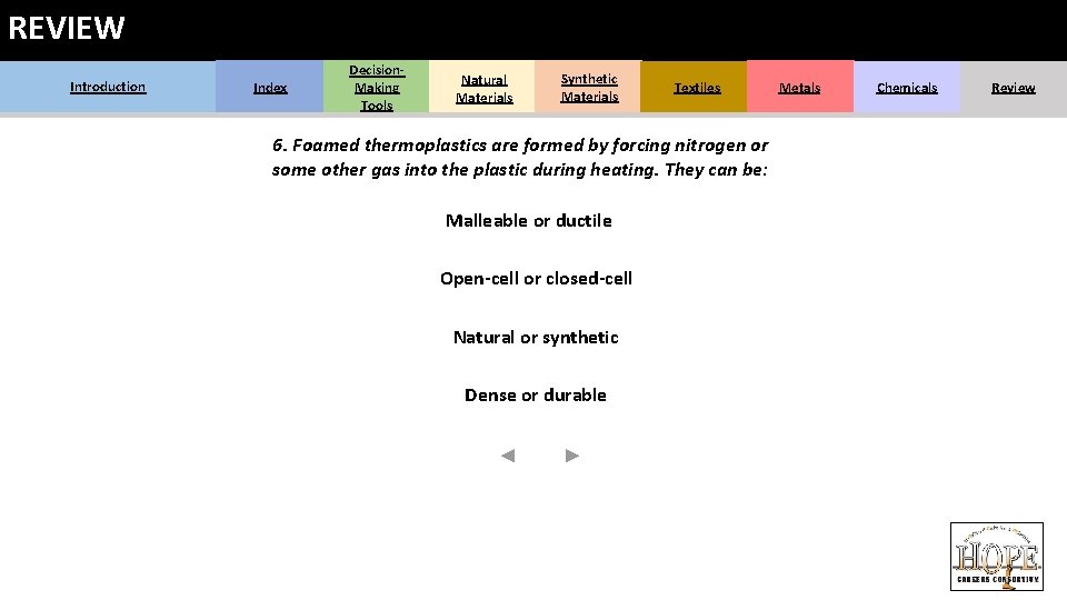 REVIEW Introduction Index Decision. Making Tools Natural Materials Synthetic Materials Textiles 6. Foamed thermoplastics REVIEW Introduction Index Decision. Making Tools Natural Materials Synthetic Materials Textiles 6. Foamed thermoplastics