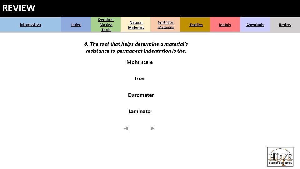 REVIEW Introduction Index Decision. Making Tools Natural Materials Synthetic Materials 8. The tool that REVIEW Introduction Index Decision. Making Tools Natural Materials Synthetic Materials 8. The tool that