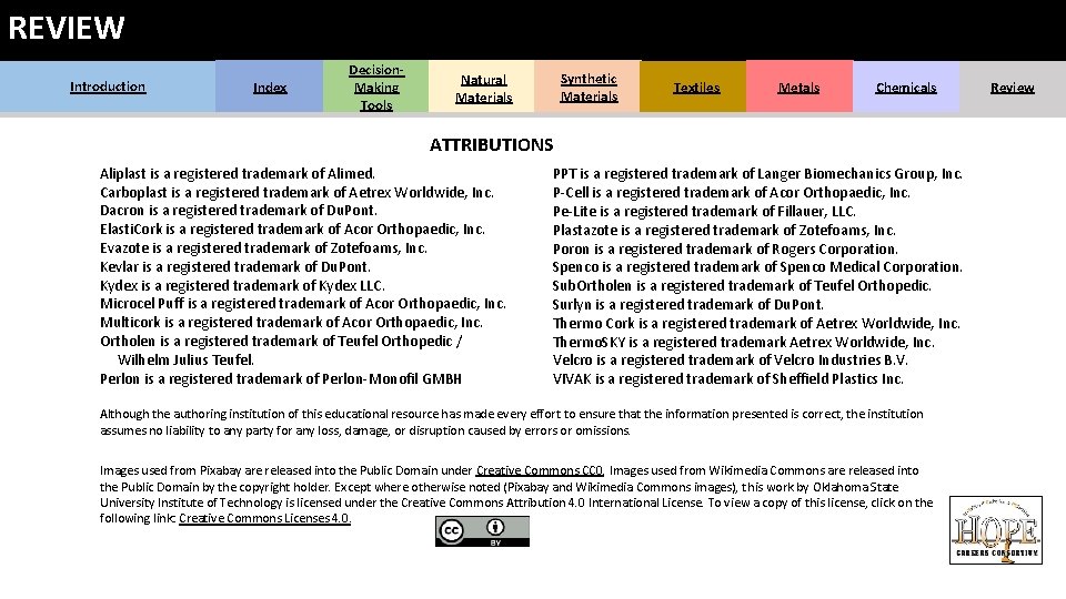 REVIEW Introduction Index Decision. Making Tools Synthetic Materials Natural Materials Textiles Metals Chemicals ATTRIBUTIONS REVIEW Introduction Index Decision. Making Tools Synthetic Materials Natural Materials Textiles Metals Chemicals ATTRIBUTIONS