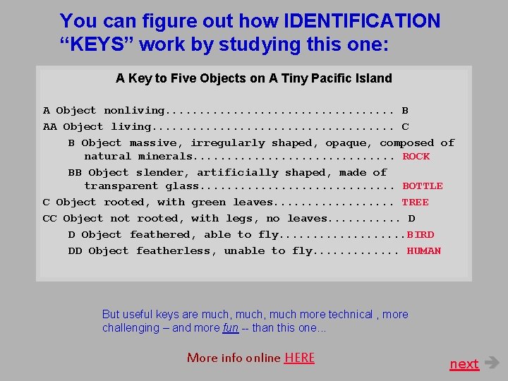 You can figure out how IDENTIFICATION “KEYS” work by studying this one: A Key