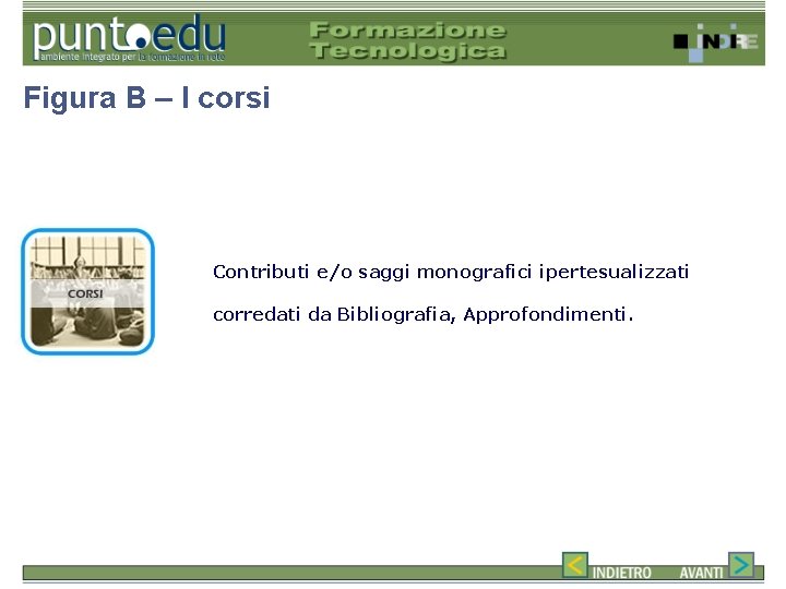 Figura B – I corsi Contributi e/o saggi monografici ipertesualizzati corredati da Bibliografia, Approfondimenti.