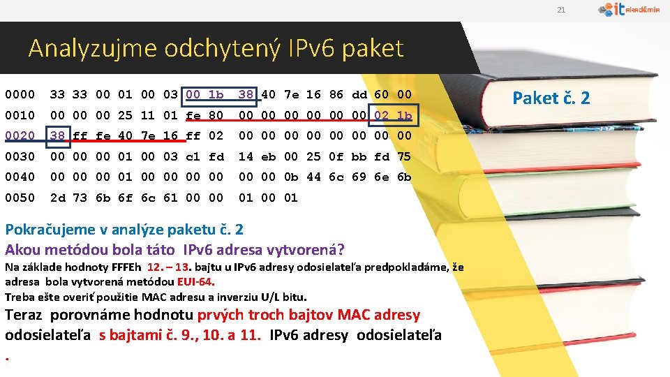 21 Analyzujme odchytený IPv 6 paket 0000 33 33 00 01 00 03 00