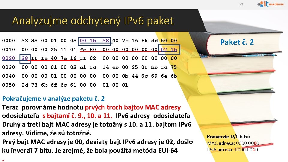 22 Analyzujme odchytený IPv 6 paket 0000 33 33 00 01 00 03 00