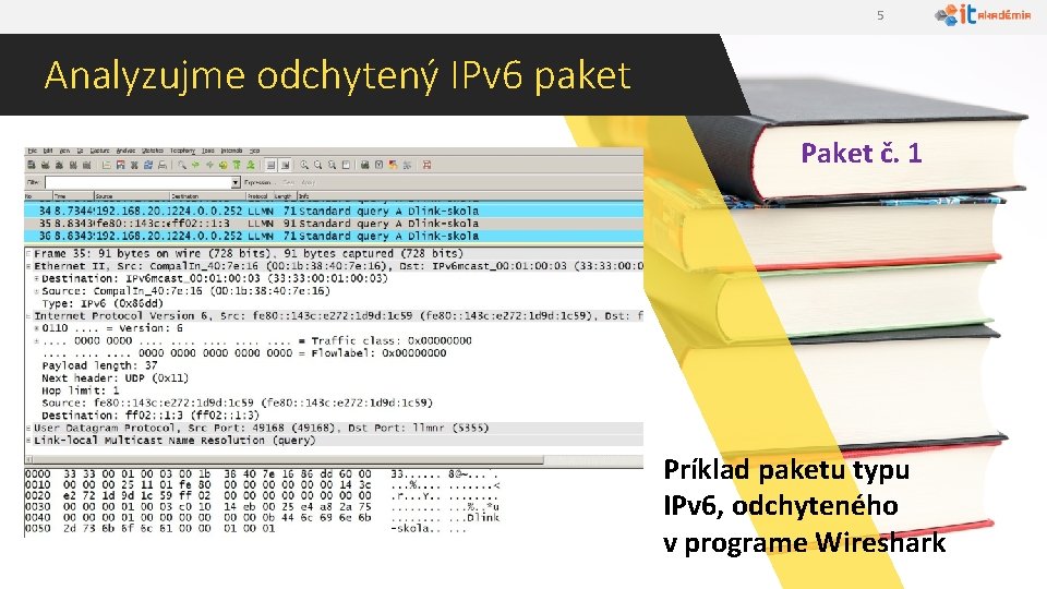 5 Analyzujme odchytený IPv 6 paket Paket č. 1 Príklad paketu typu IPv 6,