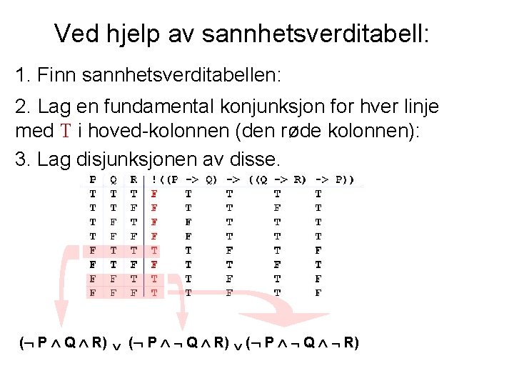 Ved hjelp av sannhetsverditabell: 1. Finn sannhetsverditabellen: 2. Lag en fundamental konjunksjon for hver